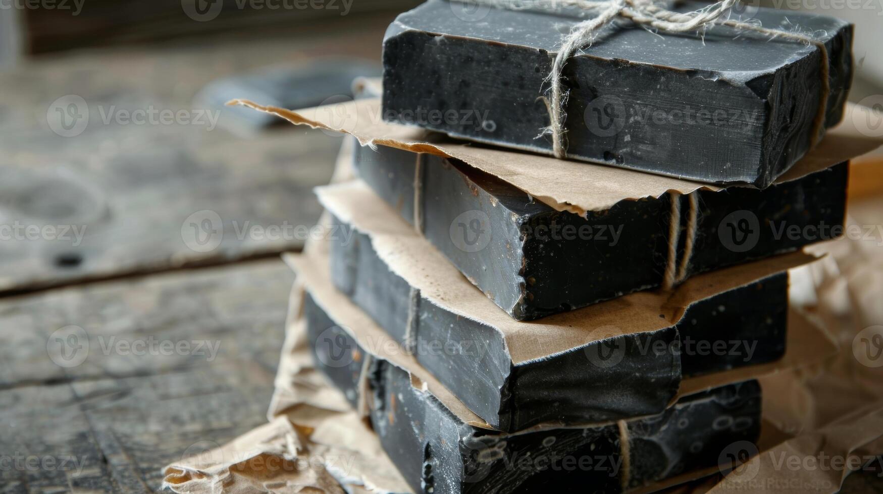 A stack of charcoal and tea tree oil soap bars each individually wrapped in brown paper photo