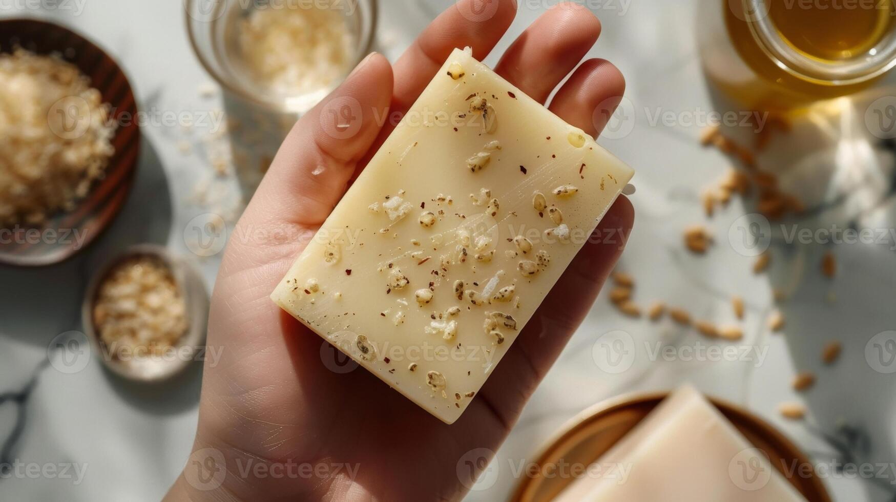 An overhead shot of a hand holding a lathering soap bar infused with crushed apricot seeds for exfoliation photo