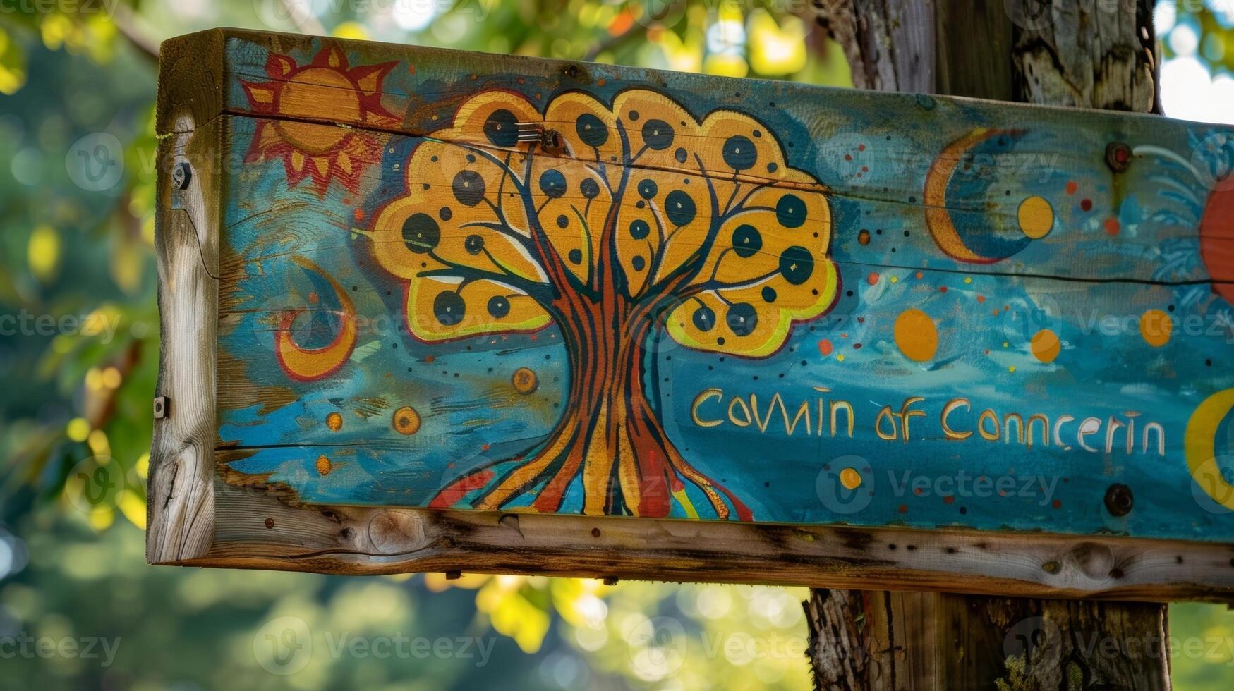 A sign with a folk artstyle painting of a tree and the words Roots of Connection symbolizing the way the community garden brings people together photo
