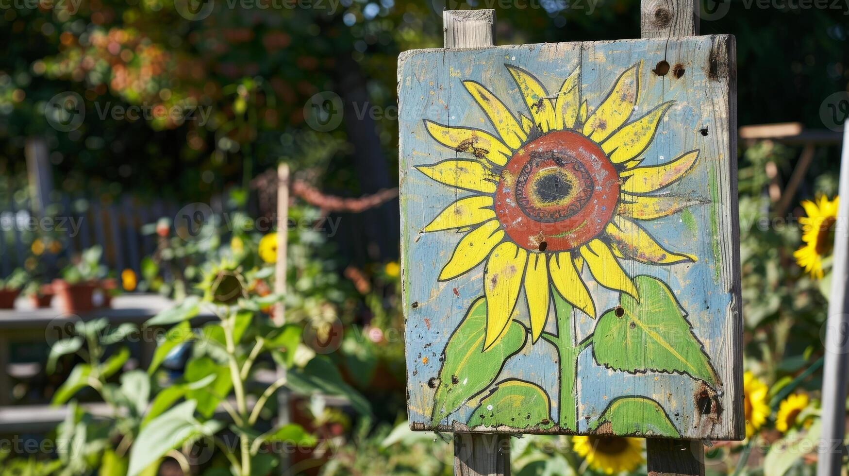 A sign with a handpainted sunflower design inviting visitors to explore the community garden photo