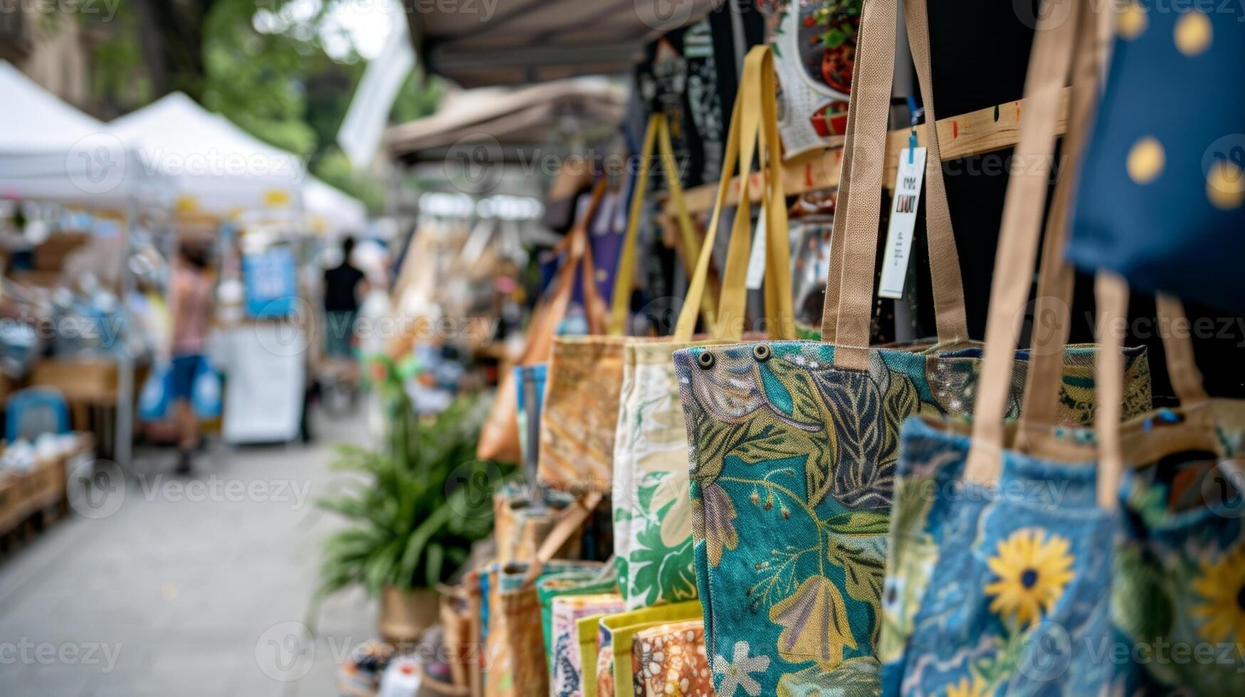 A booth selling handpainted canvas bags made from recycled materials with a sign promoting the reduction of singleuse plastic photo