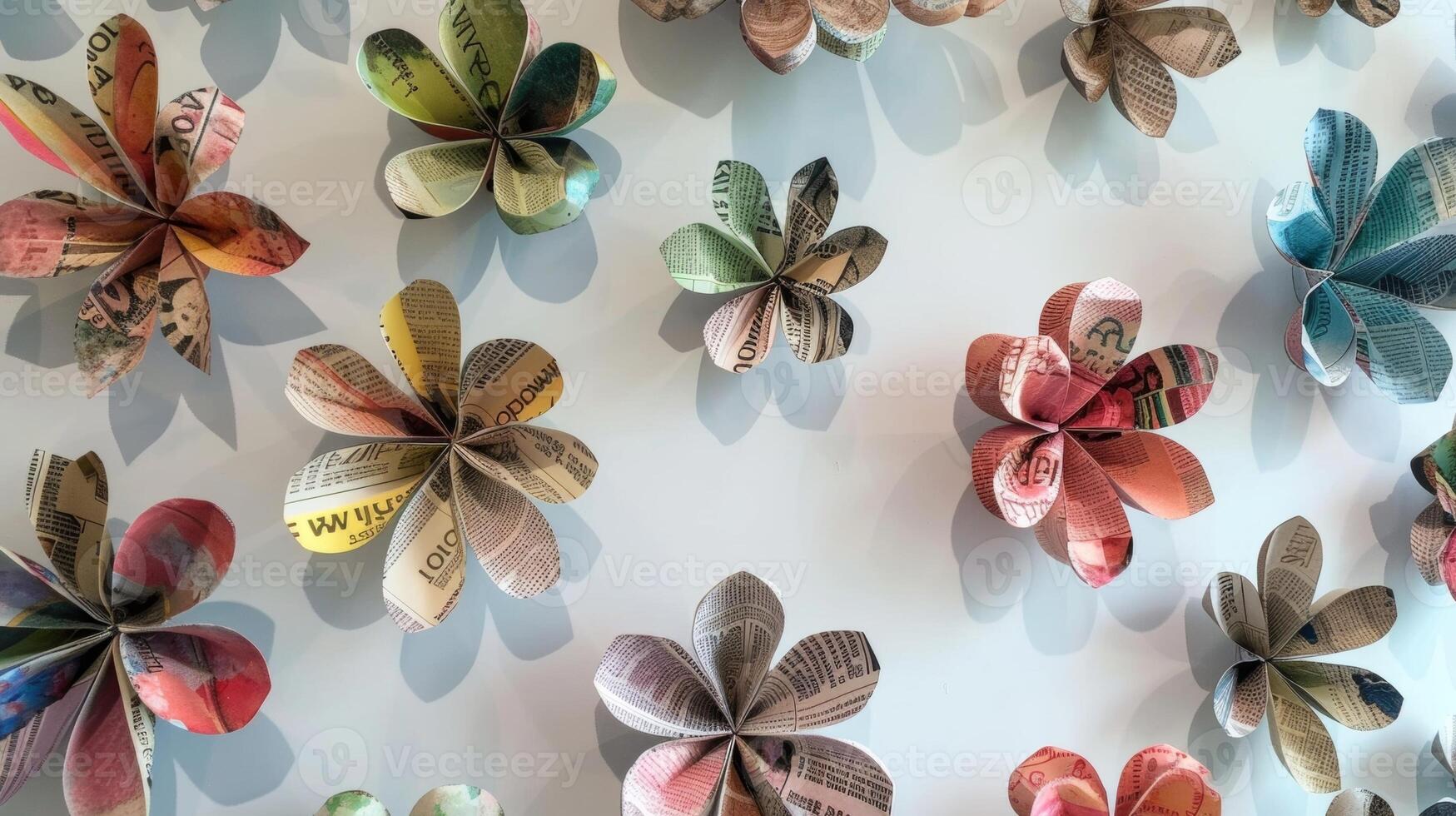 A wall display of paper flowers each petal carefully and folded from old magazines and newspapers photo
