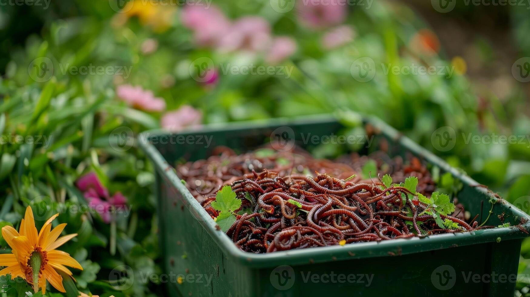 A vermiculture bin situated in a lush garden with a steady stream of worms crawling in and out photo