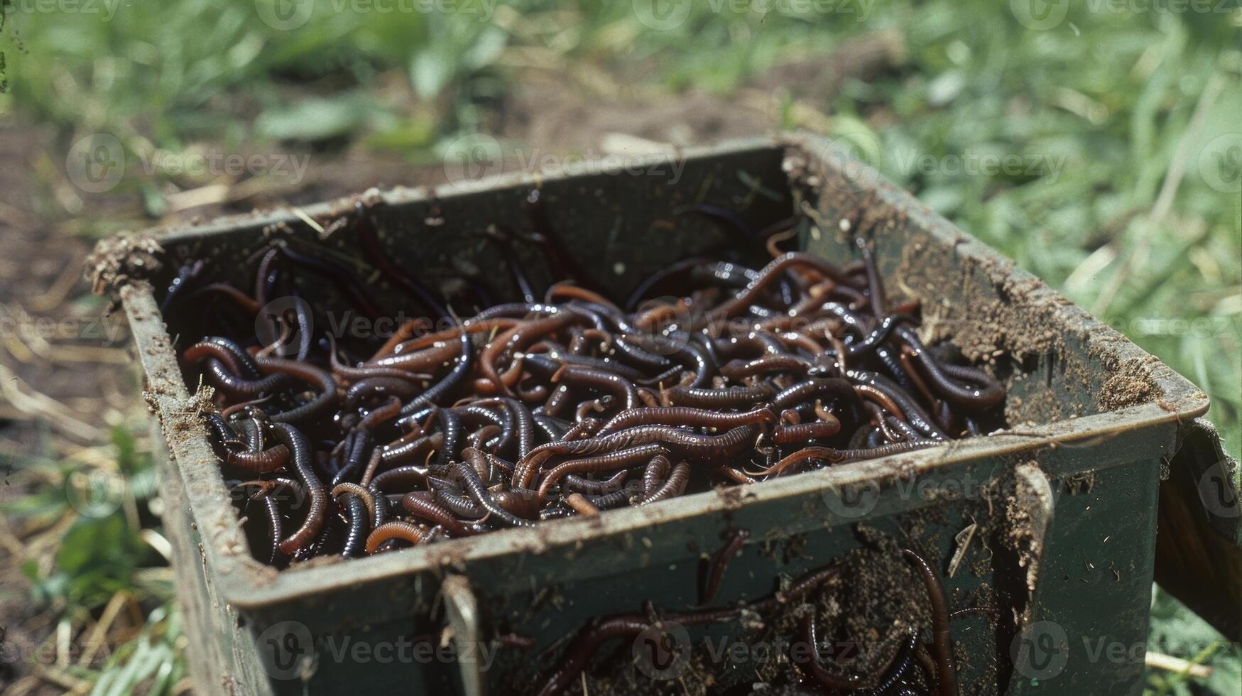 A view of a vermiculture bin filled with rich dark compost created by the hard work of countless worms photo