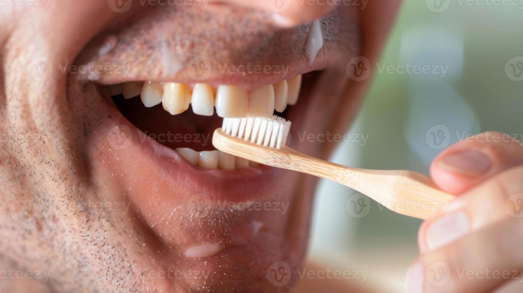 A man brushing his teeth with a bamboo toothbrush taking a step towards reducing plastic waste photo