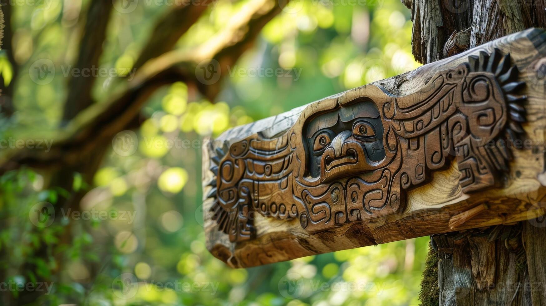 A wooden sign adorned with handcarved symbols and imagery representing the festivals dedication to preserving nature photo