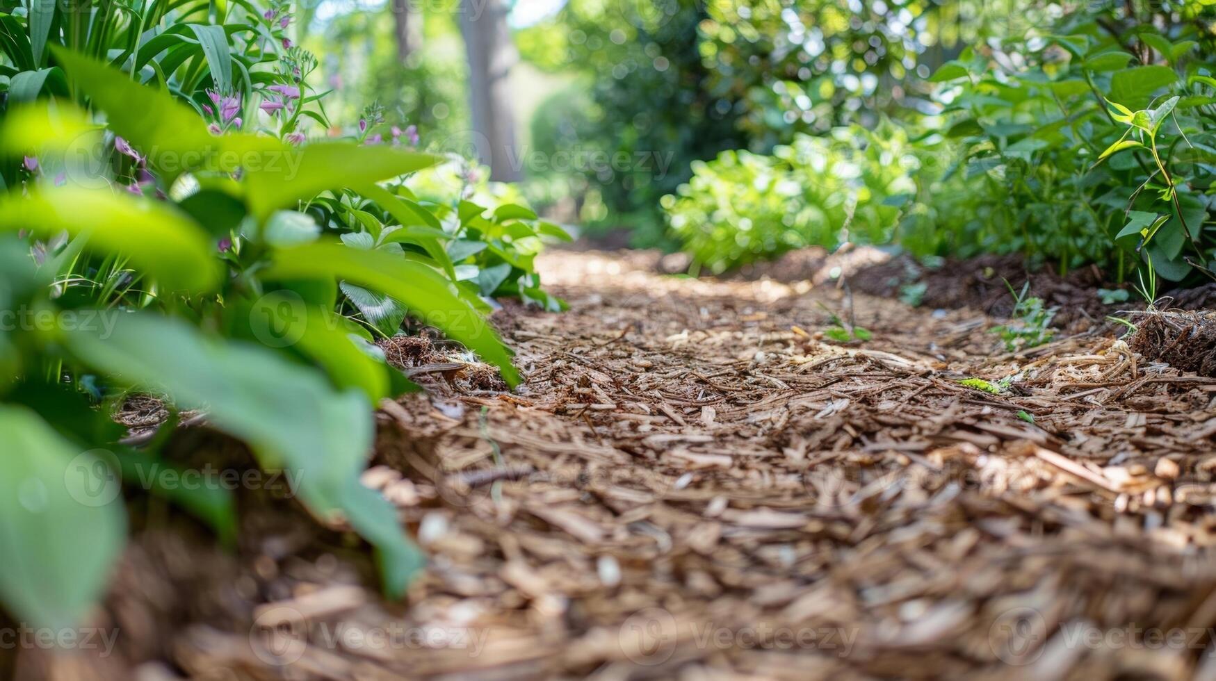 A path through a garden lined with natural mulch adding texture and definition photo
