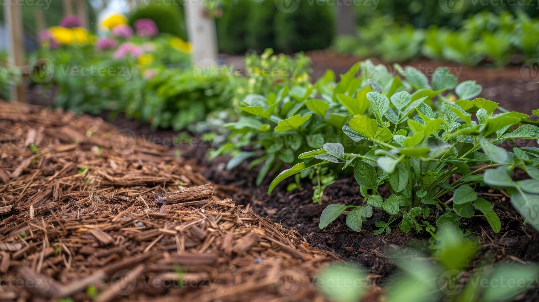 A garden bed with layers of natural mulch helping to regulate soil temperature and moisture levels photo