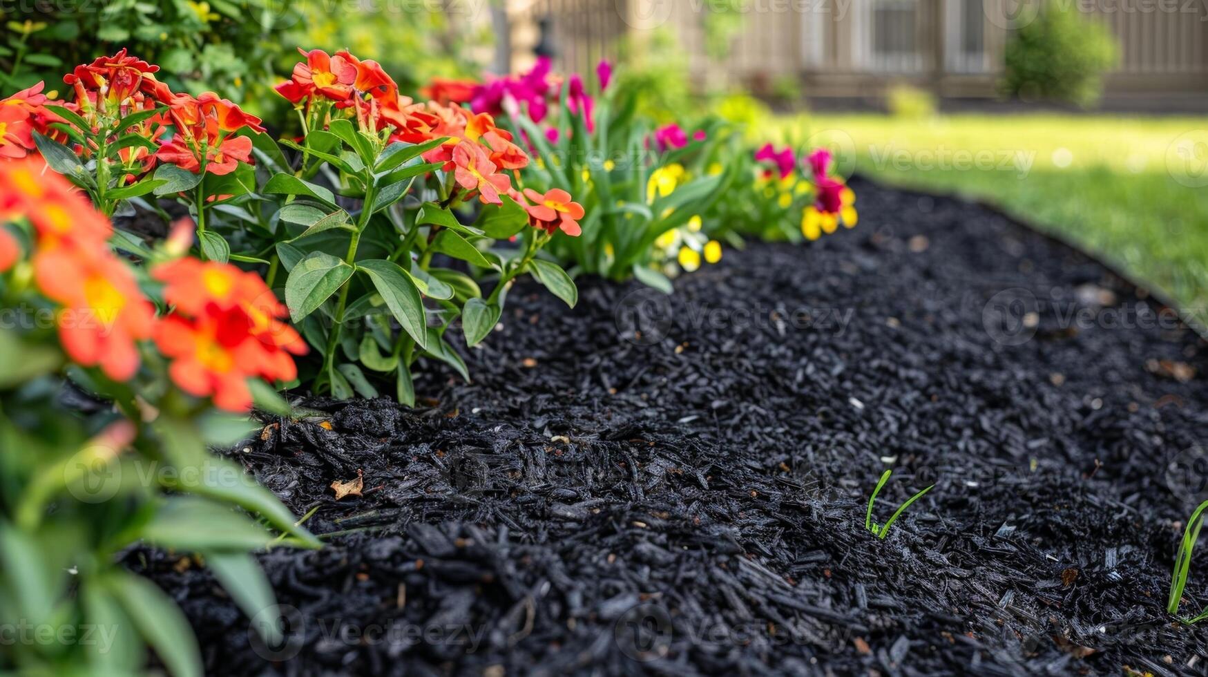A flower bed neatly lined with thick darkcolored natural mulch photo