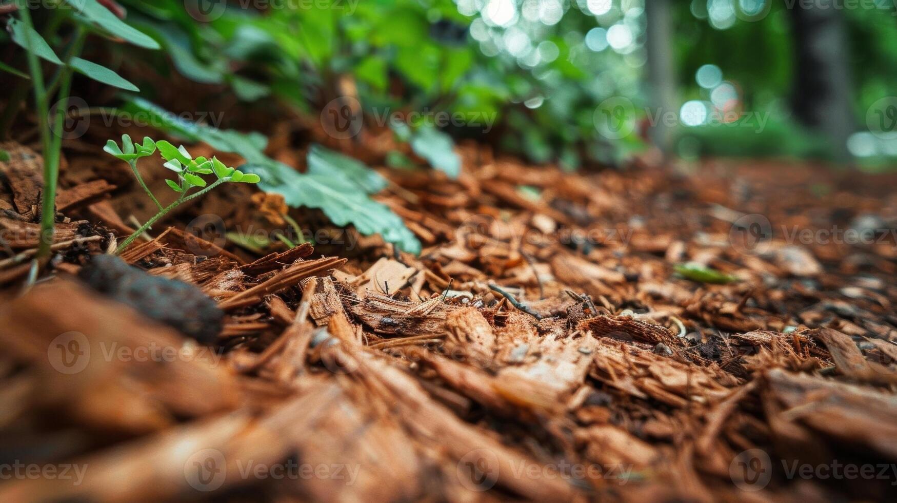 A closeup of natural mulch made from shredded wood providing nutrients to the soil as it breaks down photo