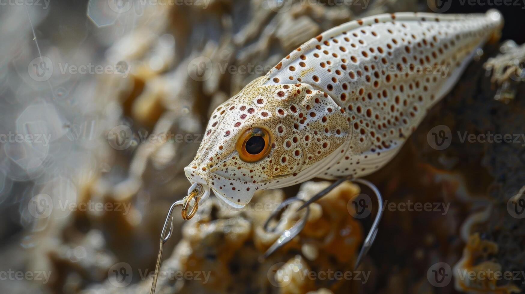 An intricatelypatterned fishing lure made from biodegradable corn starch attracting fish without polluting the water photo