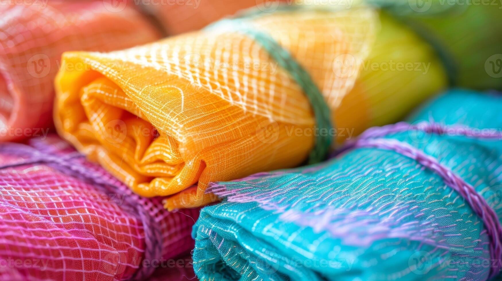 An assortment of colorful reusable wraps made from natural materials ready to be used at the farmers market photo