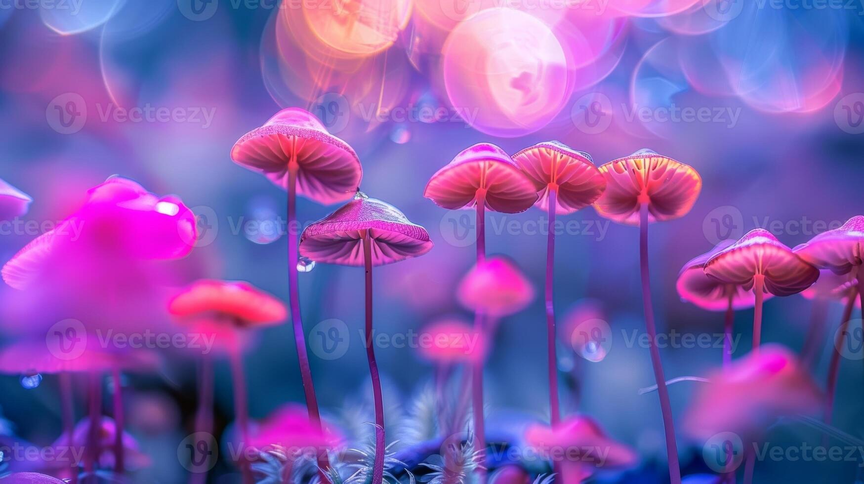 Vibrant hues and blurred shapes of various mushrooms and fungi photo