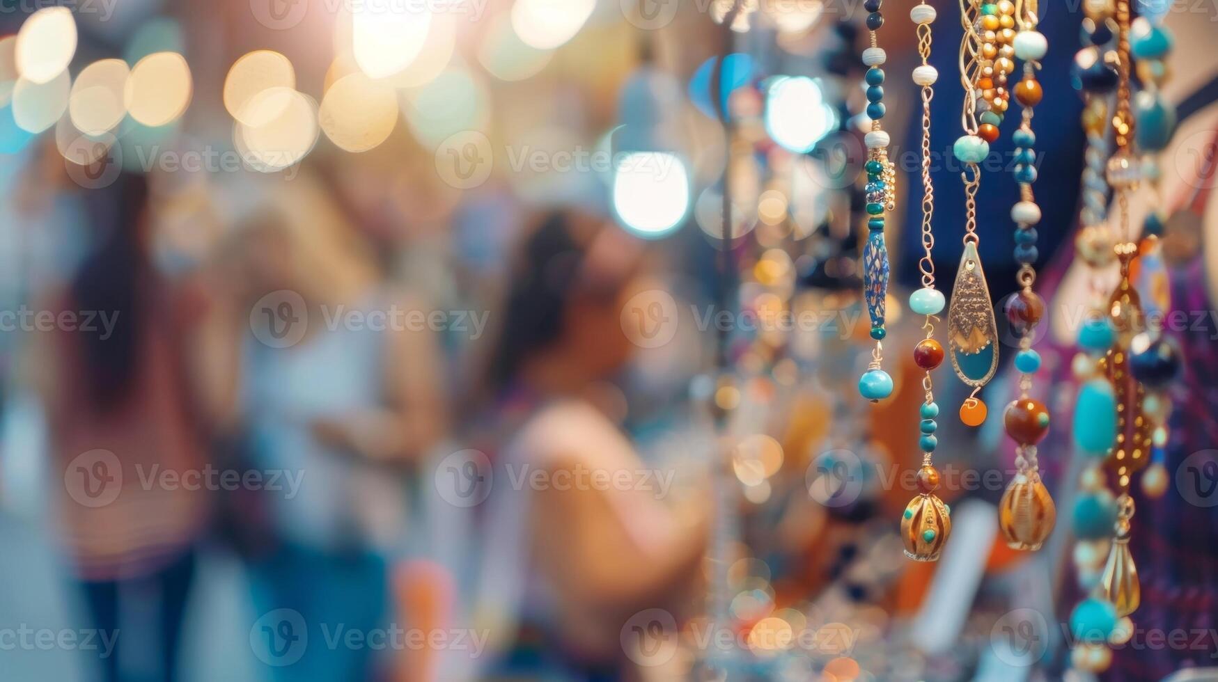 Subtle blurs and hazy outlines of shoppers admiring handmade jewelry at a stand photo