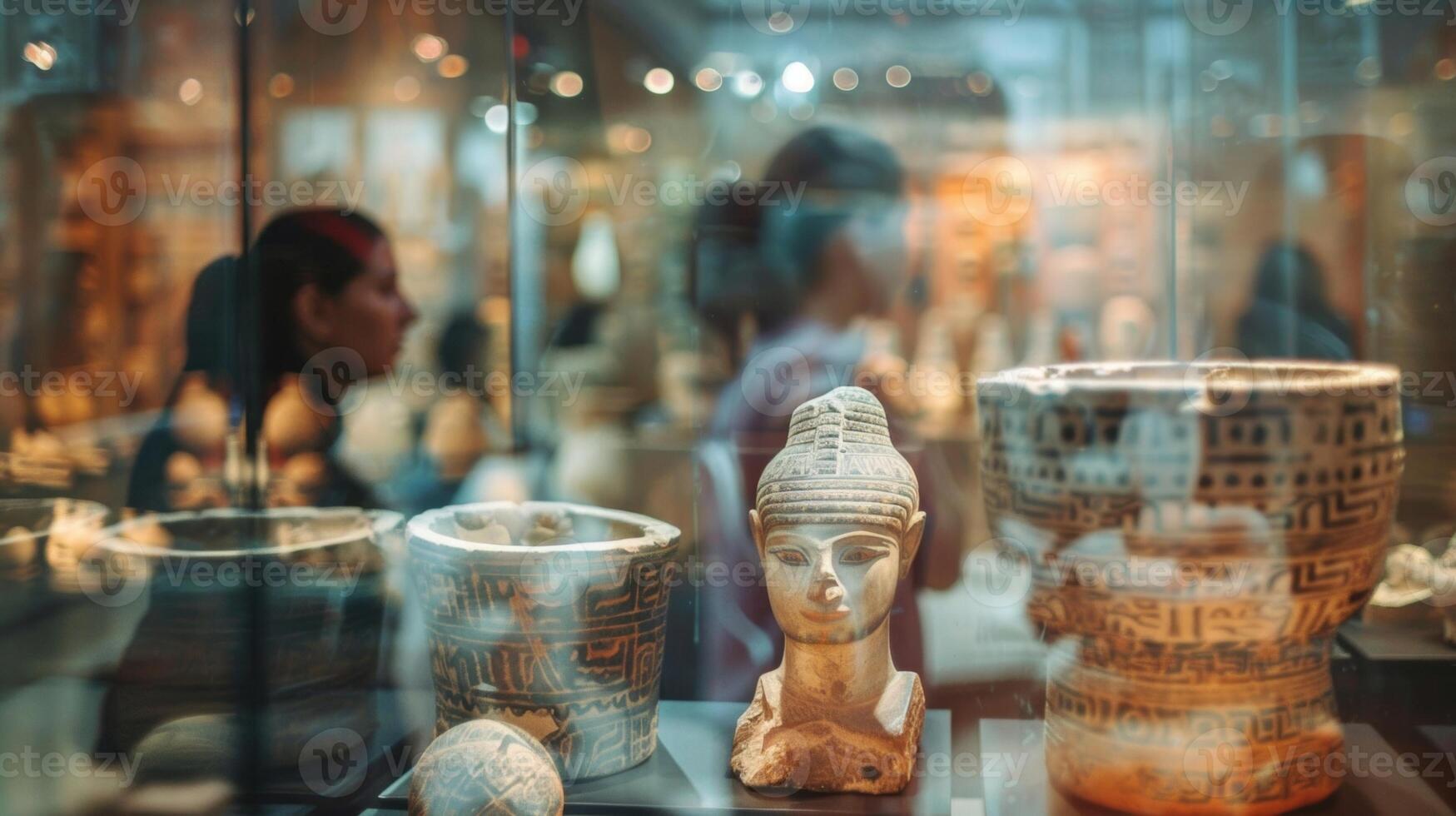 Distorted reflections of people studying ancient artifacts photo
