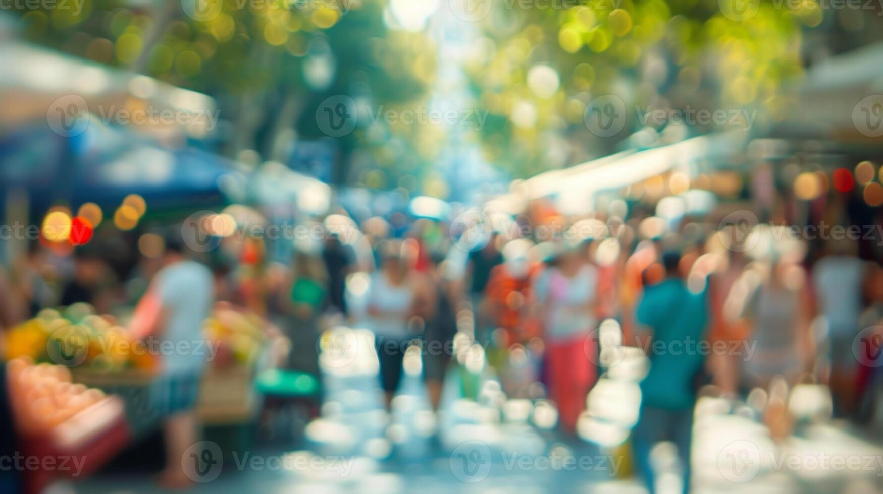 Hazy view of diverse vendors and curious onlookers photo
