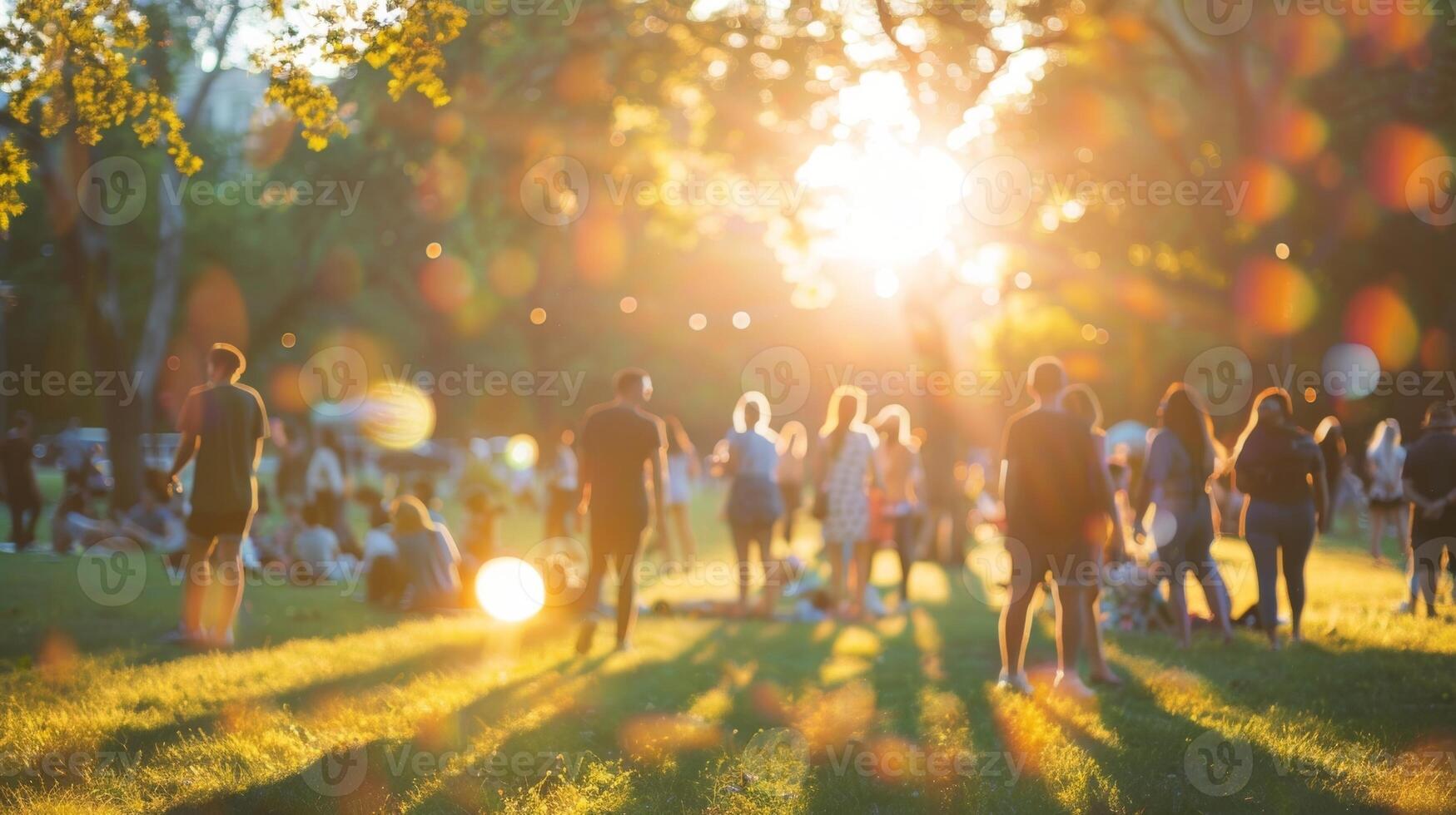 A dreamy defocused image of a park gathering capturing the happy energy of families and friends gathered together photo
