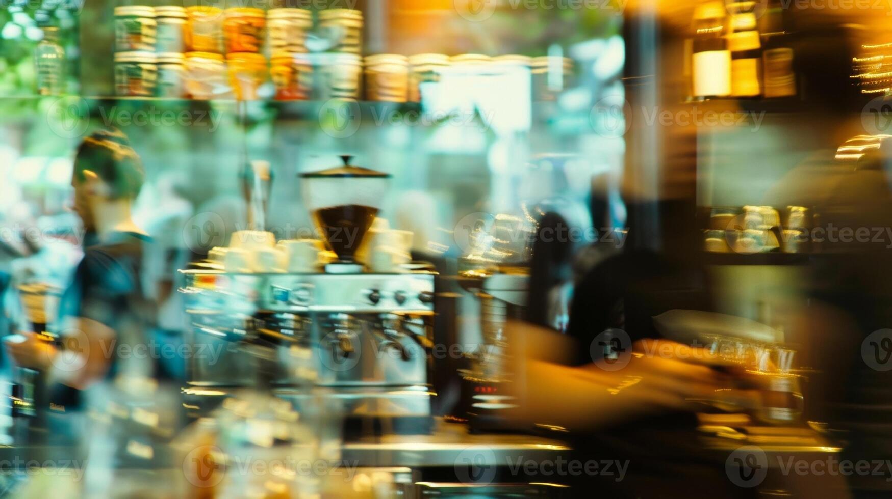 Defocused Soft murmurs blend together in the background as baristas move about with fluid motions photo