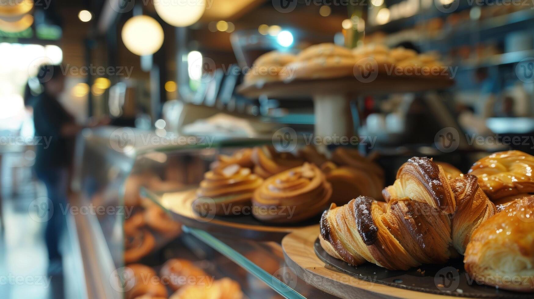 Defocused The aroma of freshly baked pastries mingles with the warm scent of coffee creating a cozy haze in the coffee shop photo