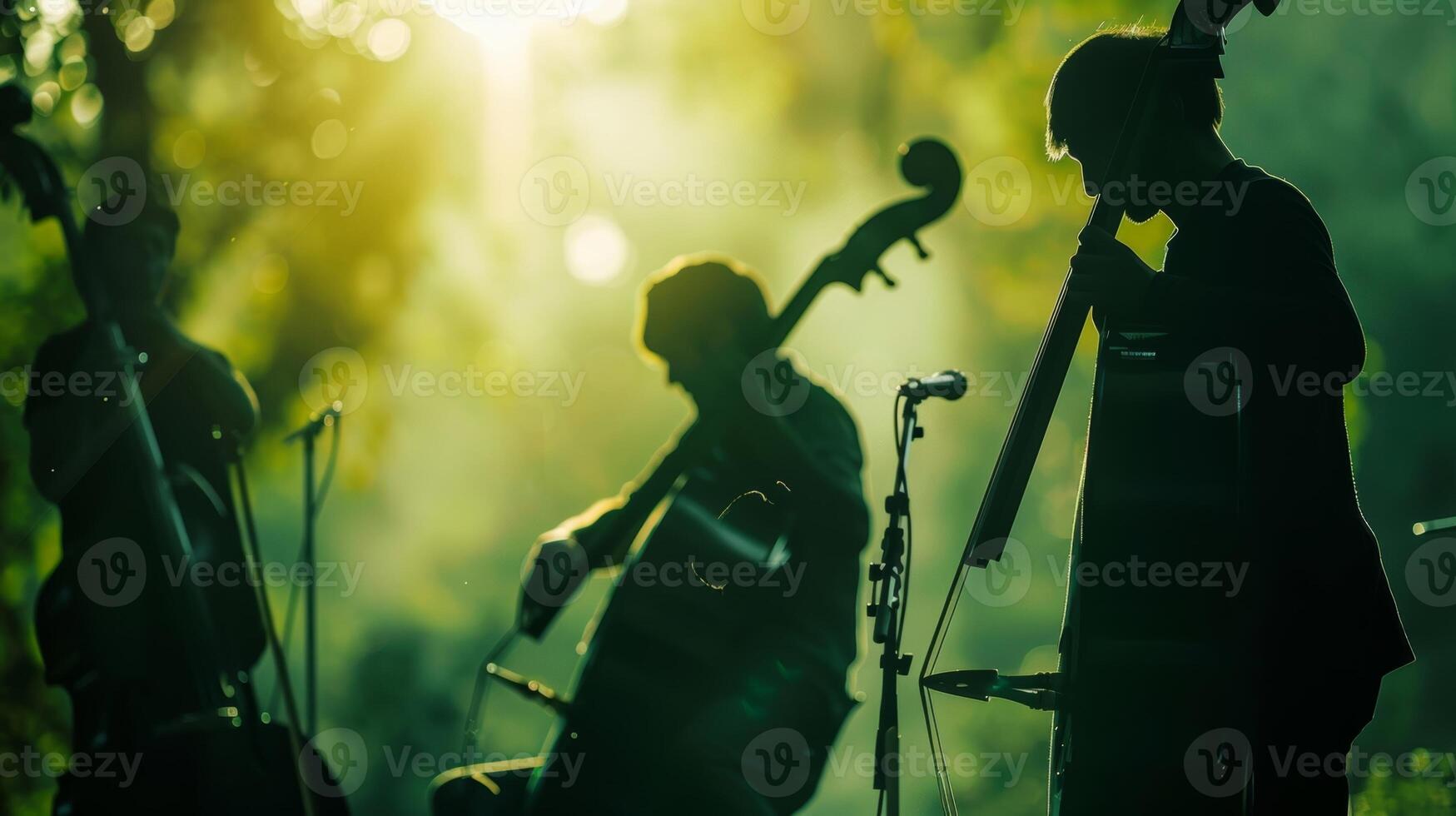 Hazy silhouettes of musicians and their instruments in a green spac photo