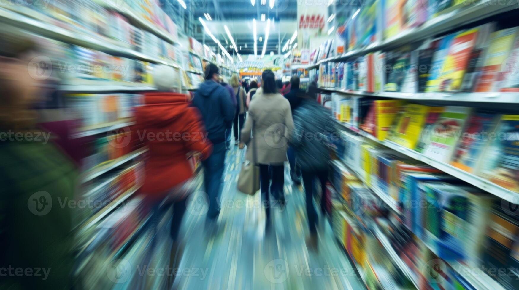Blurred lines of people weaving their way through the book fair aisles photo