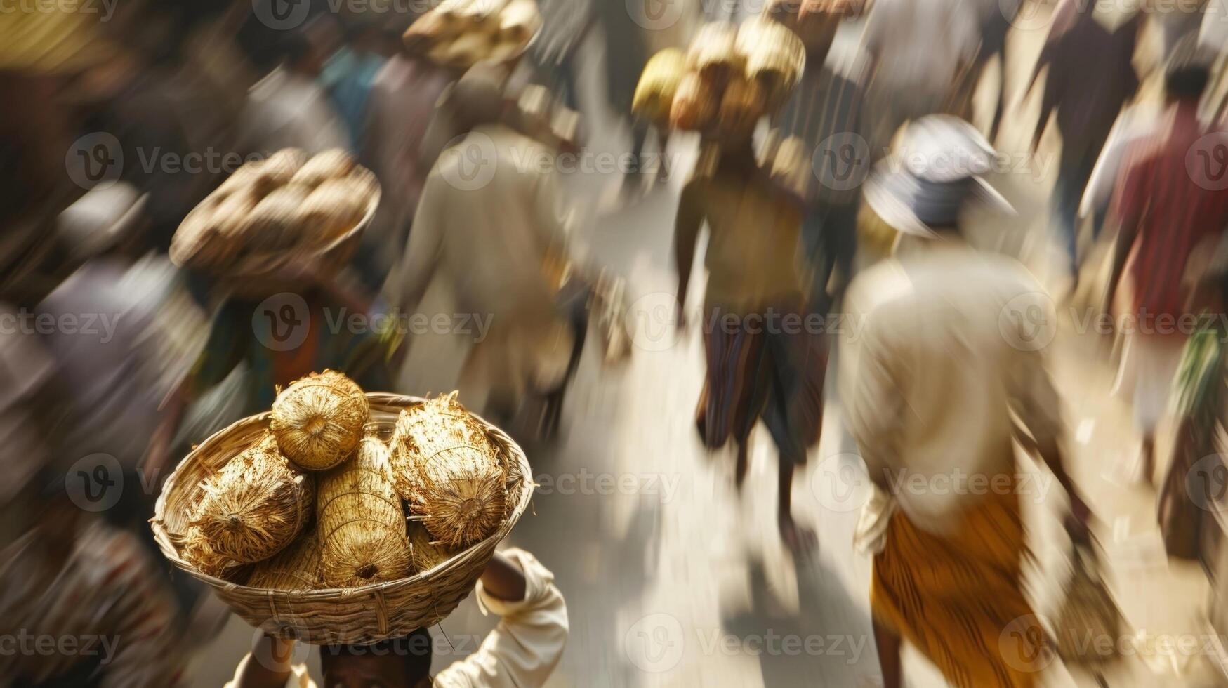 Indistinct view of workers carrying baskets of g photo