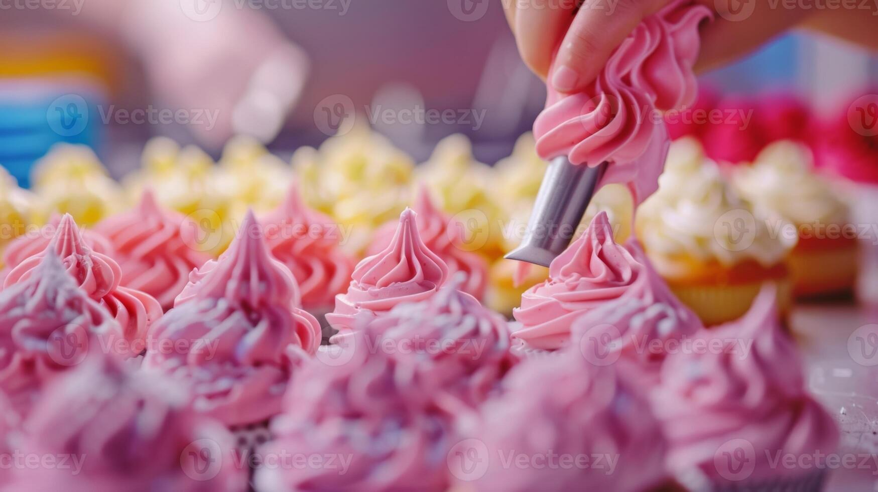 Blurry shapes of colorful frosting being piped onto cakes photo