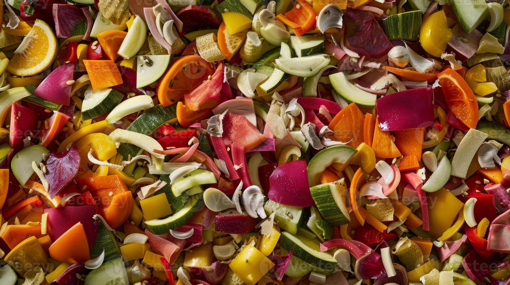 A colorful assortment of vegetable peels and fruit rinds piled on a ting board waiting to be composted photo