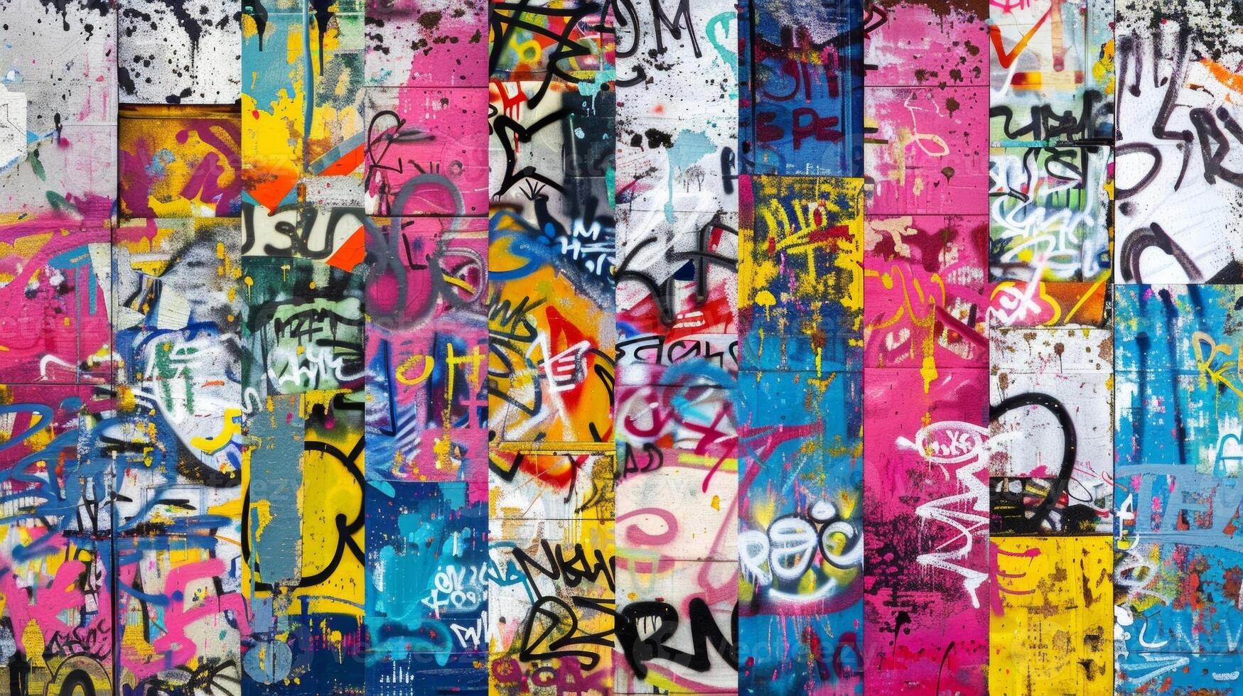 At first glance it may seem like a chaotic mess but upon closer inspection the defocused collage of colorful graffiti images reveals clever references to beloved pop culture icons photo