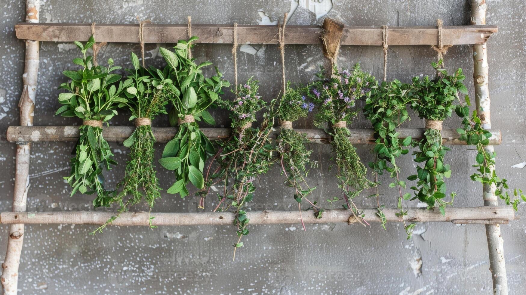 A wooden ladderstyle herb drying rack with bundles of thyme oregano and bay leaves suspended from each rung photo