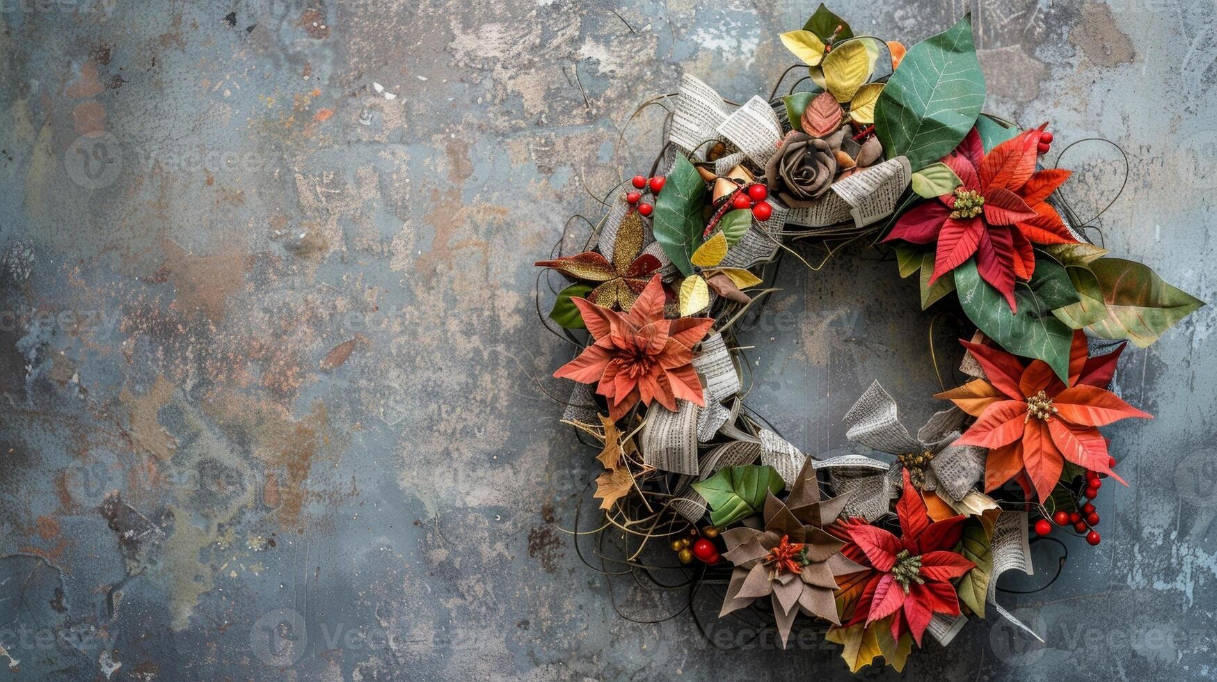 A holiday wreath made entirely from recycled newspaper strips formed into flowers and leaves photo