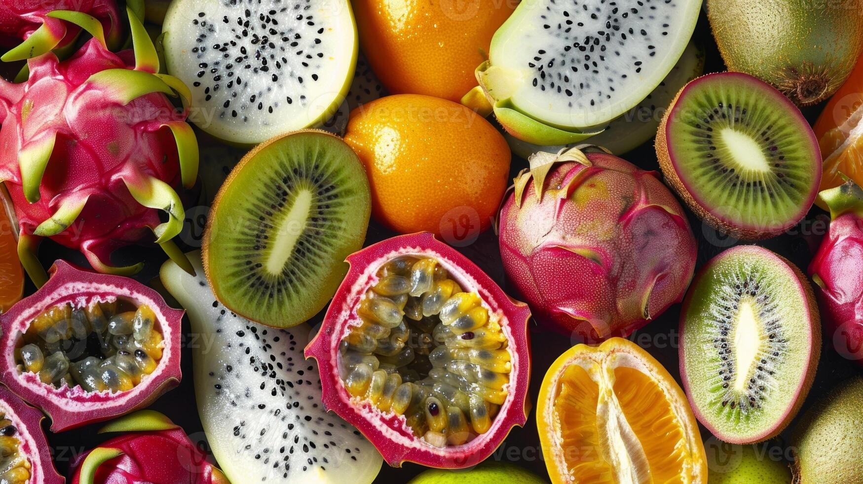 An array of exotic organic fruits such as dragonfruit kiwi and passion fruit creating a feast for the eyes photo