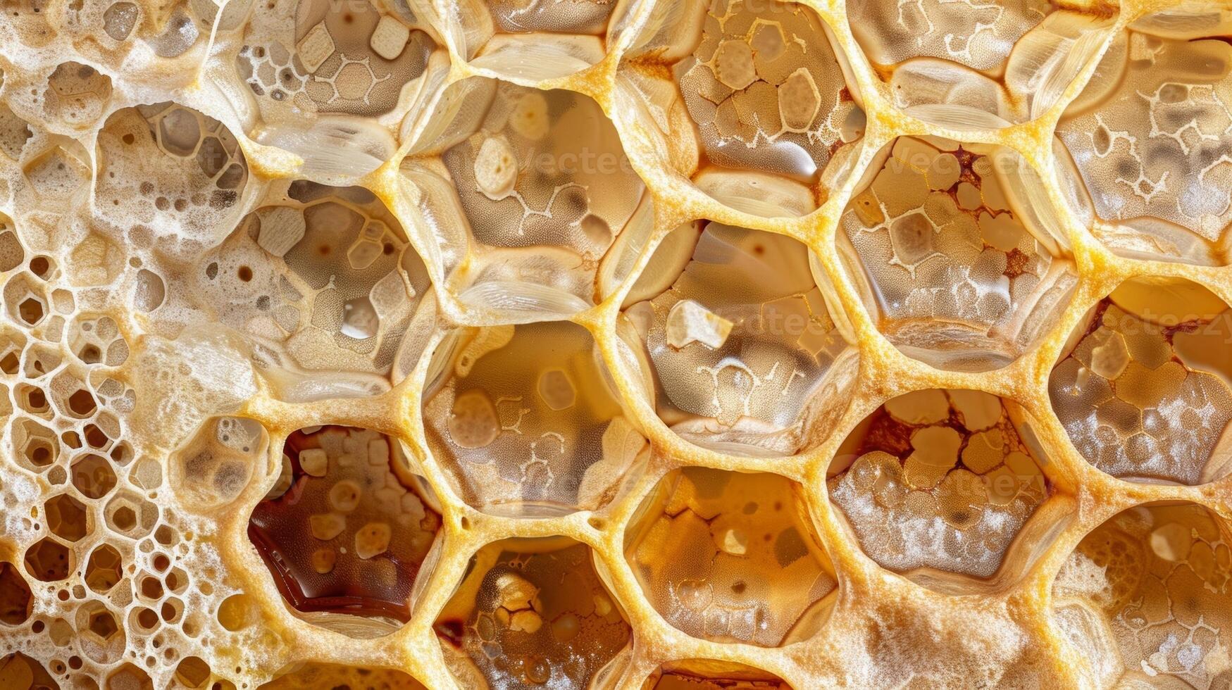 A detailed closeup of a frame full of organic honeycomb showcasing the intricate patterns and natural colors of the wax photo