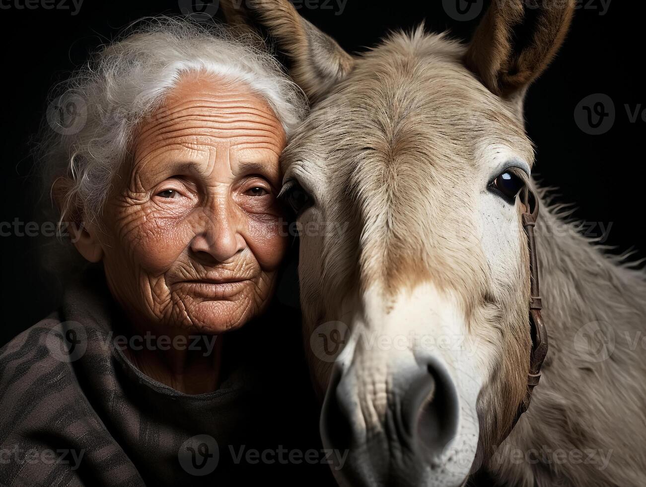 Portrait of a moment of affection between an elderly farmer woman and his donkey. Care and attention. Domestic and farm animals photo