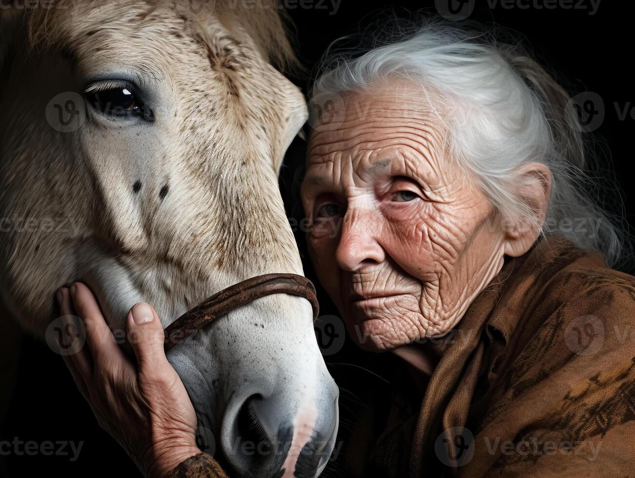 Portrait of a moment of affection between an elderly farmer woman and his donkey. Care and attention. Domestic and farm animals photo