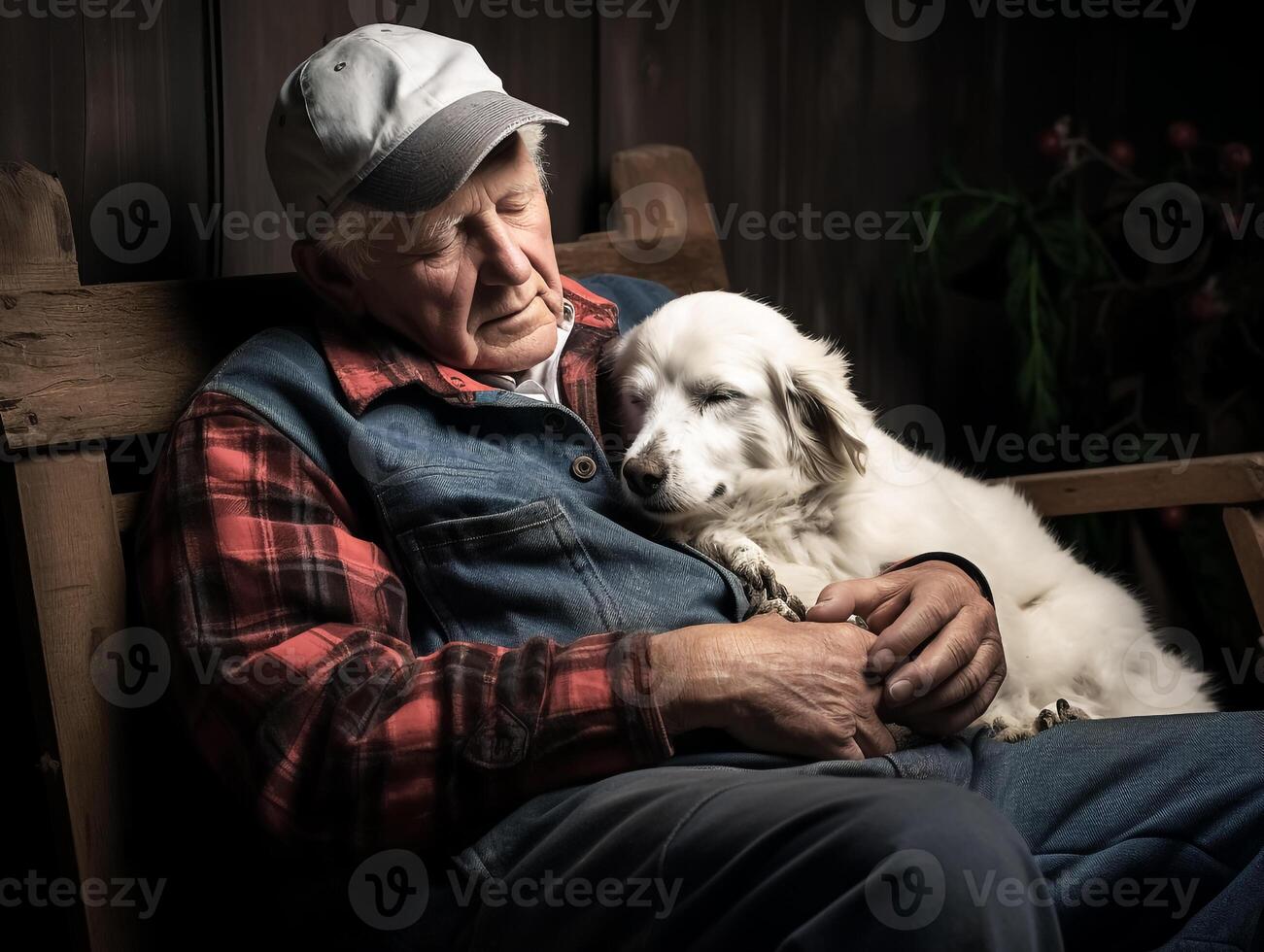 Portrait of a moment of affection between an elderly farmer man and his dog. Care and attention. Domestic and farm animals. photo