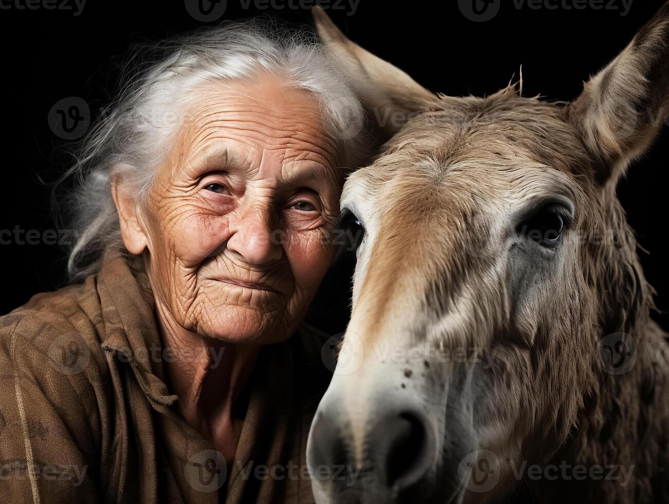 Portrait of a moment of affection between an elderly farmer woman and his donkey. Care and attention. Domestic and farm animals photo