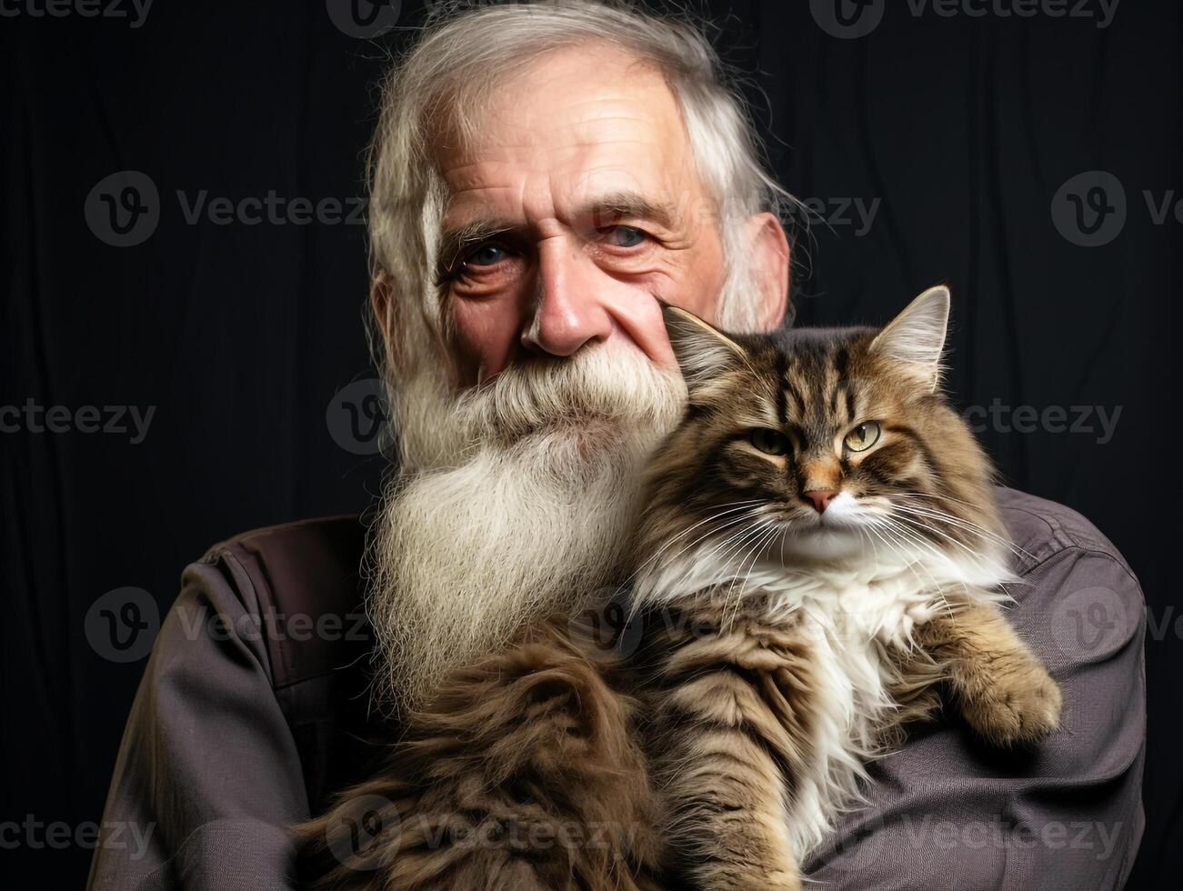 Portrait of a moment of affection between an elderly man and his cat. Care and attention. Domestic and farm animals photo