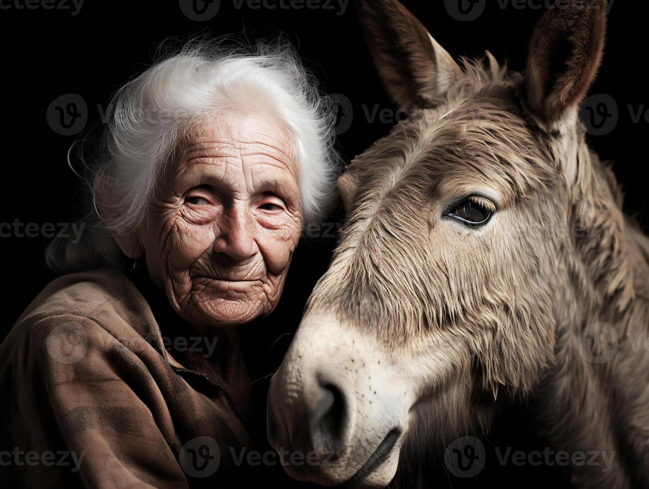 Portrait of a moment of affection between an elderly farmer woman and his donkey. Care and attention. Domestic and farm animals photo