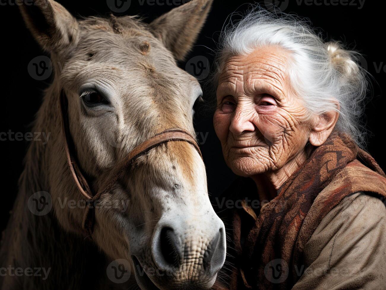 Portrait of a moment of affection between an elderly farmer woman and his donkey. Care and attention. Domestic and farm animals photo
