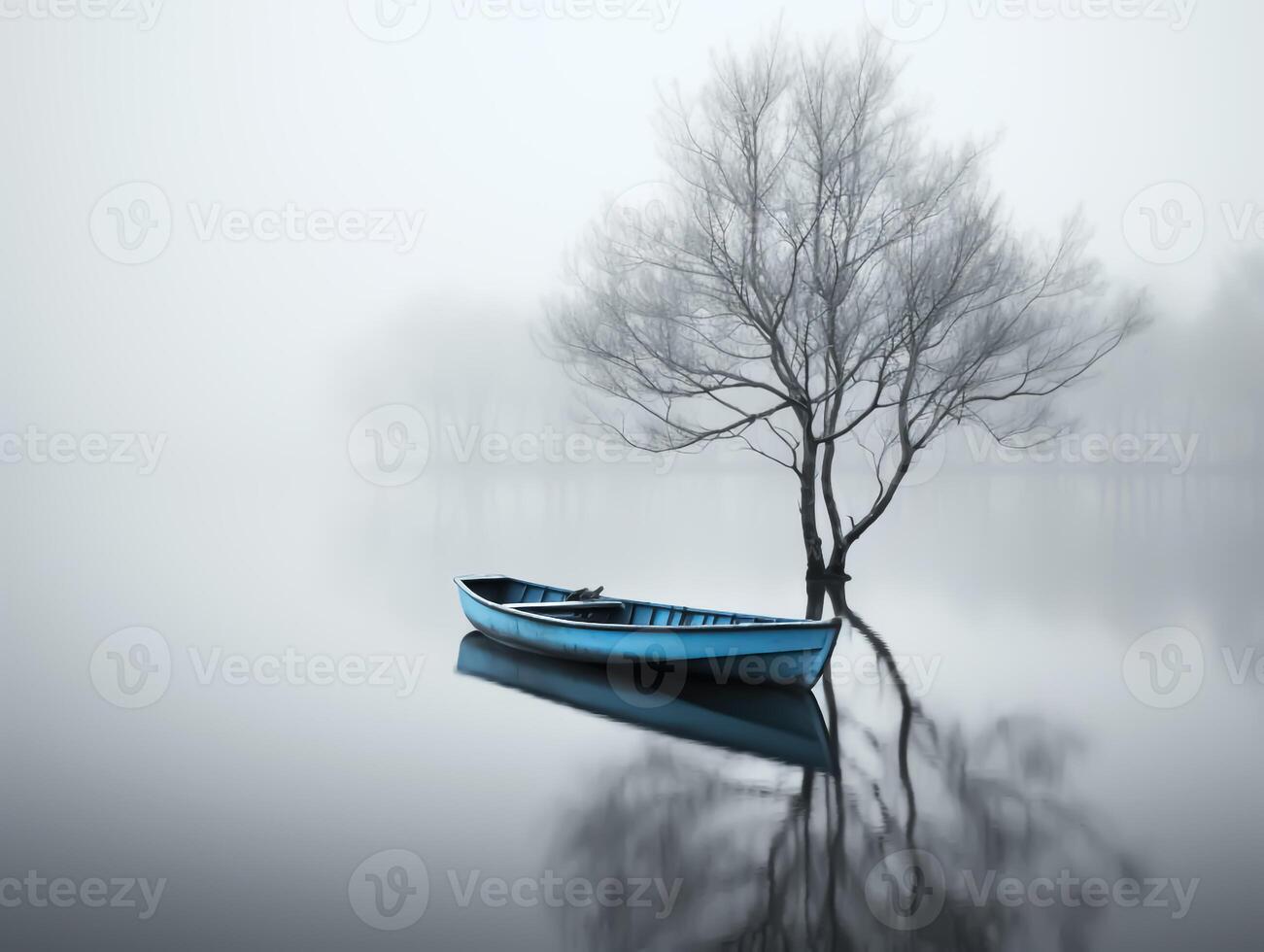 Minimalist image of boat on the lake in a mystical and cloudy environment photo