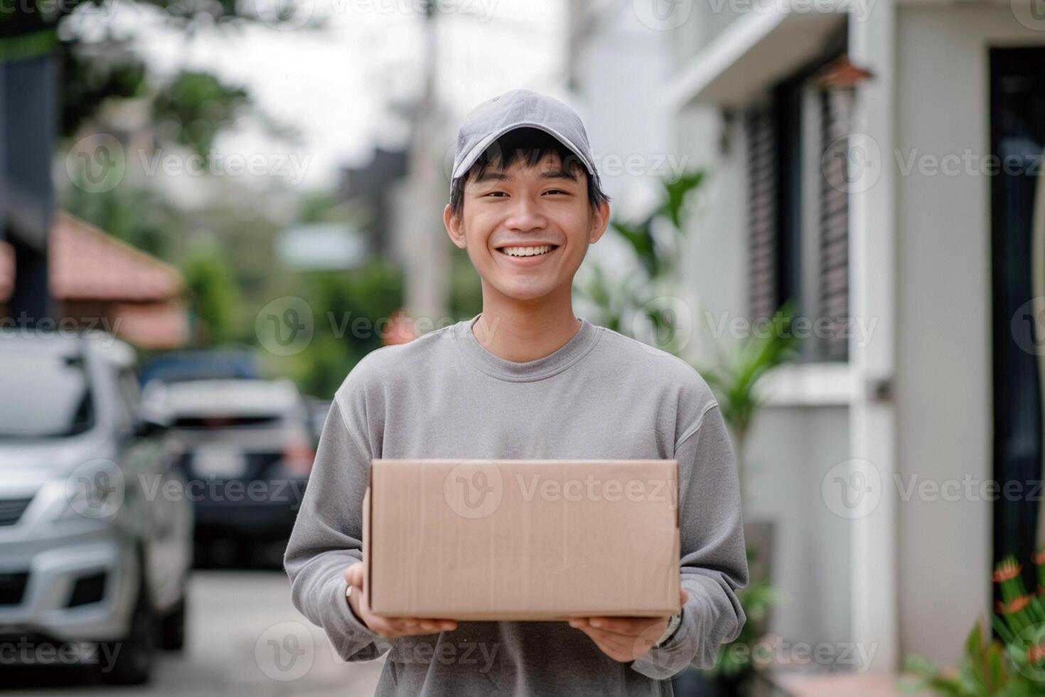 smiling asian man in gray uniform holding blank cardboard parcel, delivery man standing in front of the house, delivery services. photo