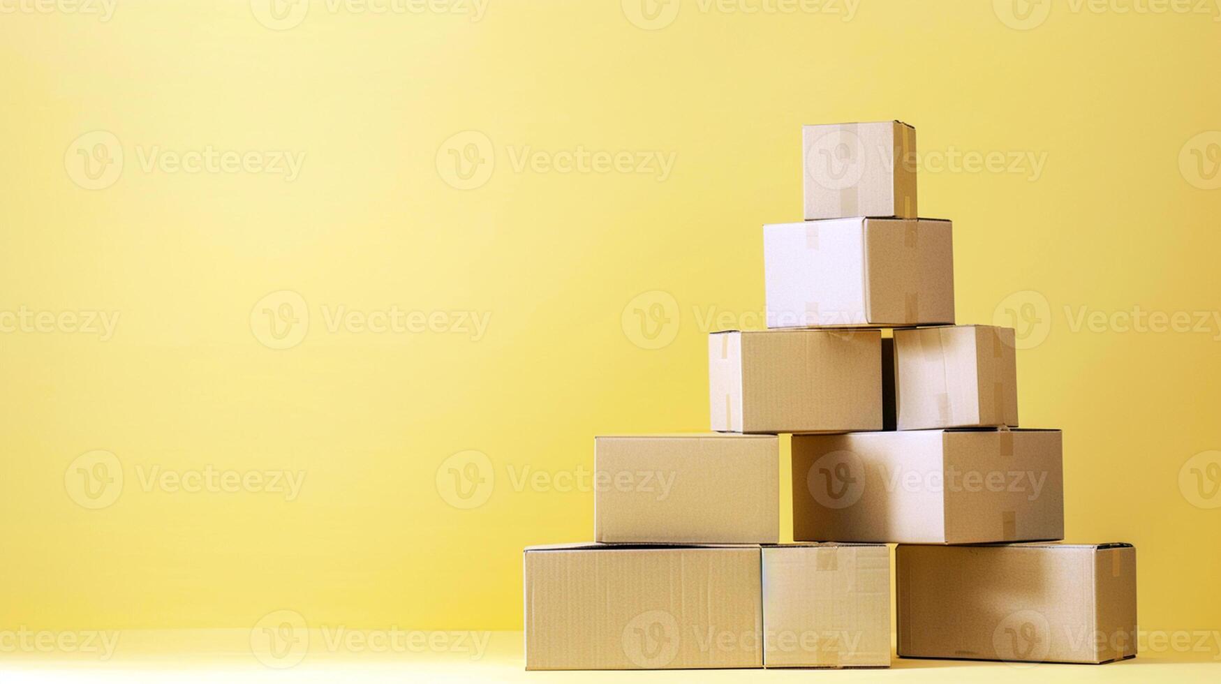 cardboard boxes tower on yellow background delivery advertising concept copy space for your logo or text. photo