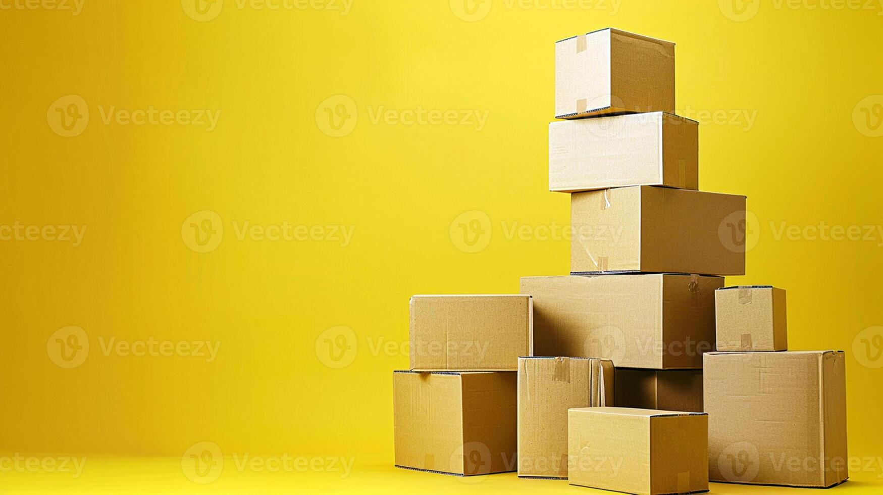 tower made of cardboard boxes with solid yellow background delivery advertising concept copy space for your logo or text photo
