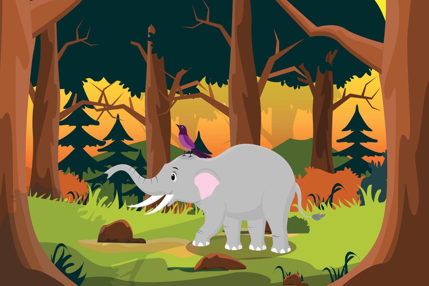 elephants and birds are walking in the middle of the forest vector
