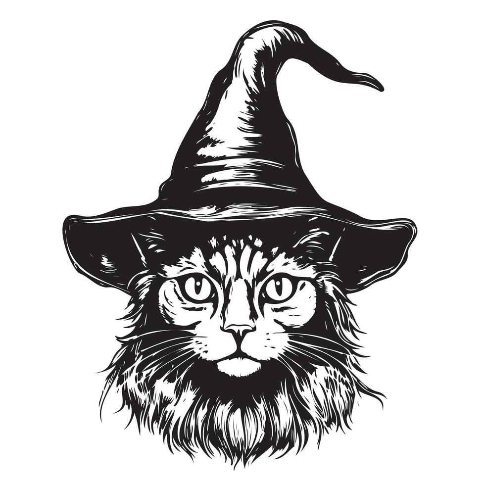 Black cat in a witch hat portrait sketch hand drawn vector
