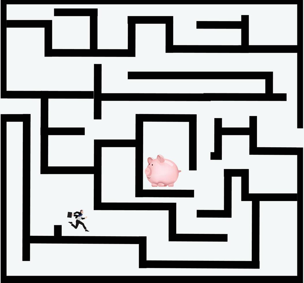 Businessman is running through a maze looking for his savings represented by a piggy bank vector