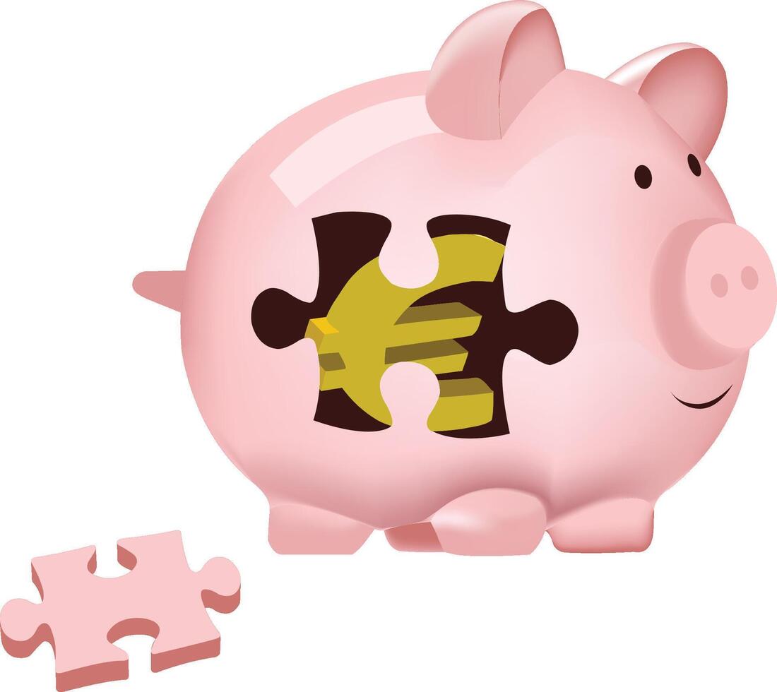 Pink piggy bank with puzzle piece revealing a euro symbol inside, depicting saving money concepts vector