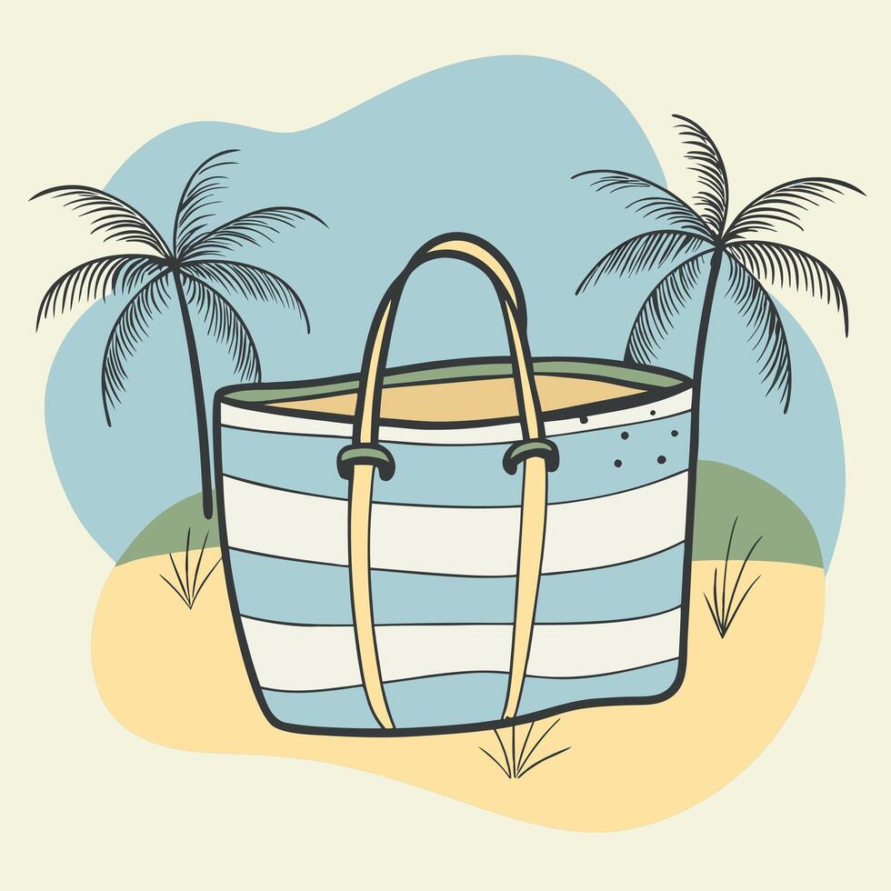 Handbag with a spotted pattern and a handle, sitting on a sandy beach with palm trees in the background. vector