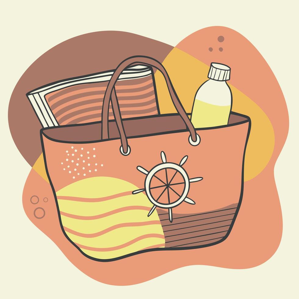 Colorful illustration of a beach bag with a steering wheel on an orange and yellow background in boho style vector